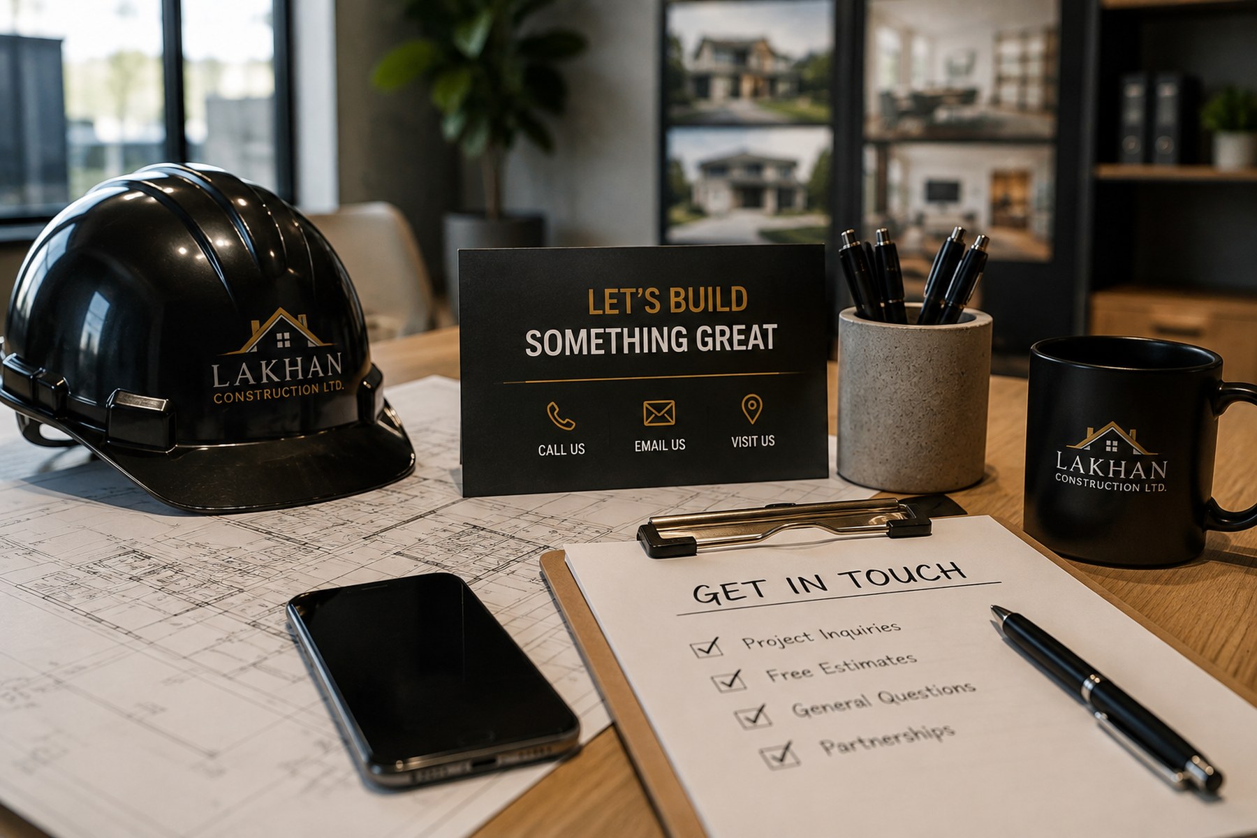 Lakhan Construction branded hard hat and desk