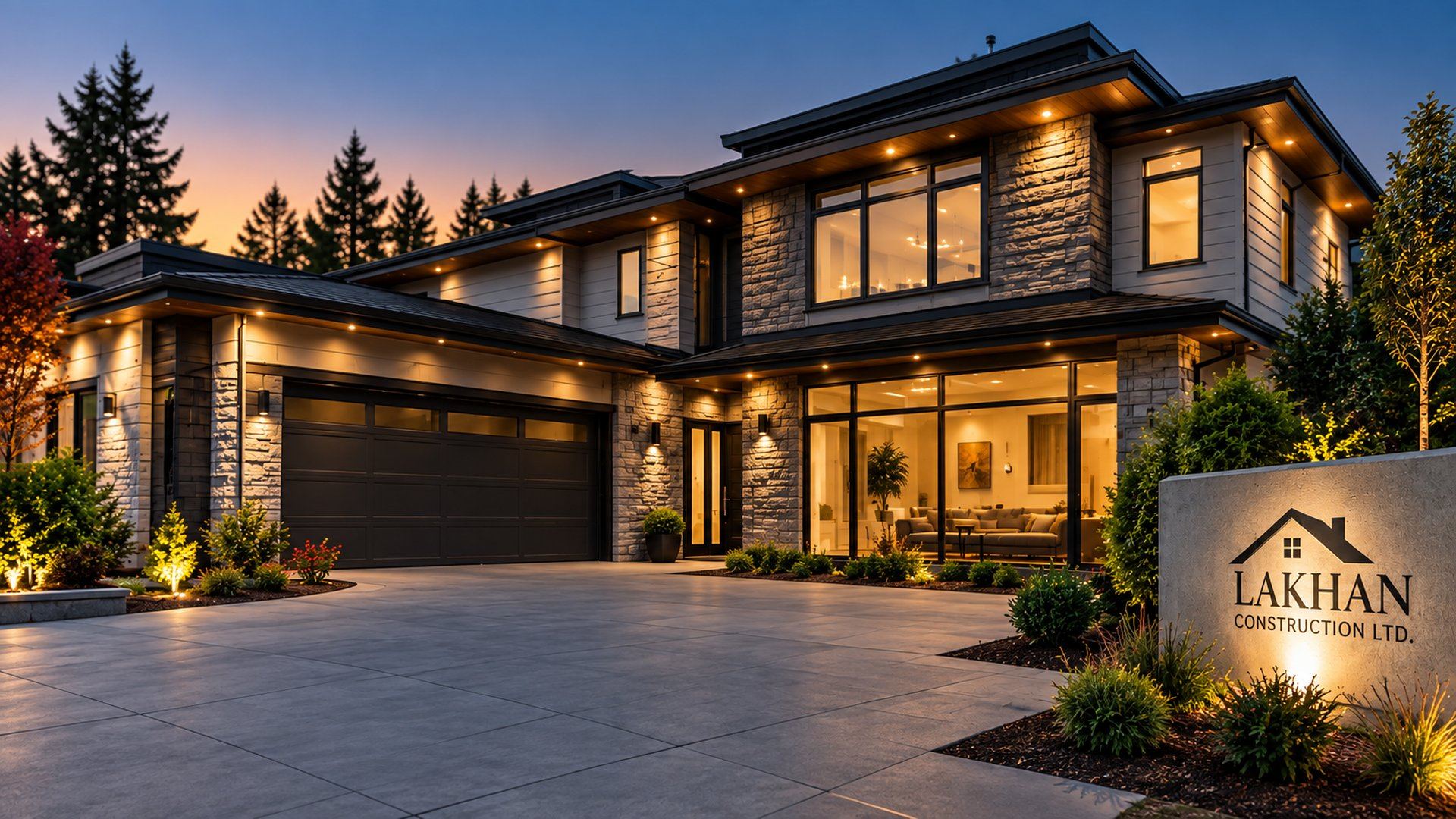 Lakhan Construction custom home at dusk