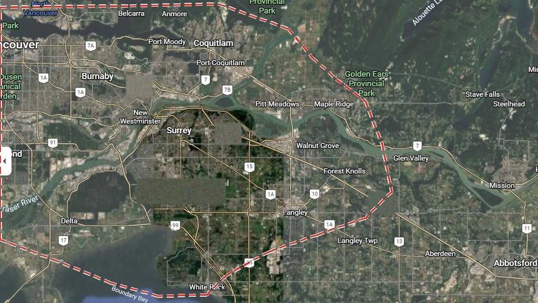 Map of Lakhan Construction's service area covering Vancouver, Burnaby, Richmond, Surrey, Delta, Langley, White Rock and Maple Ridge