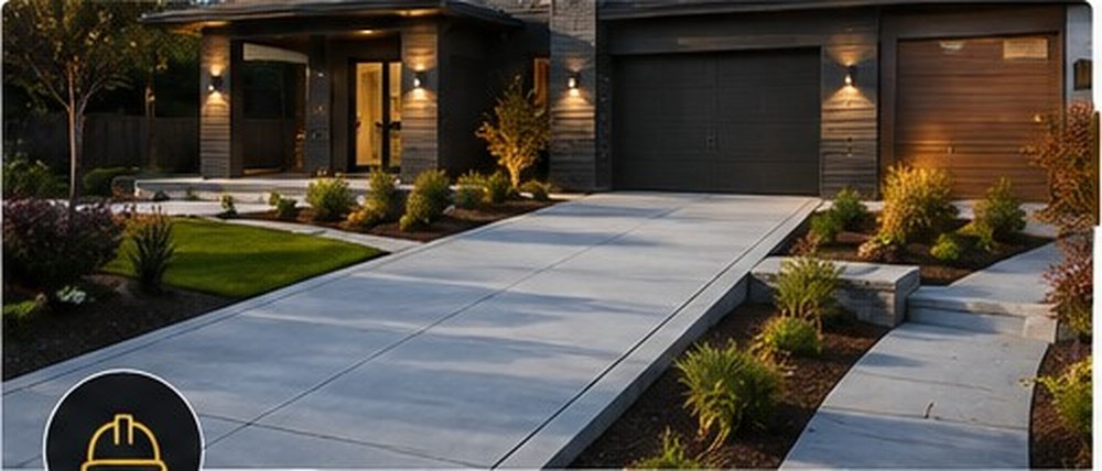 Concrete driveway and walkway with landscaping