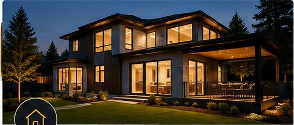 Custom built modern home exterior at dusk